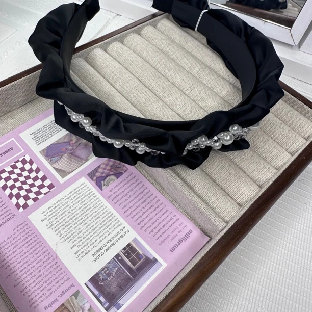 【卓菲】原创设计高级感黑色褶皱高颅顶镶钻宽边简约时尚发箍6018