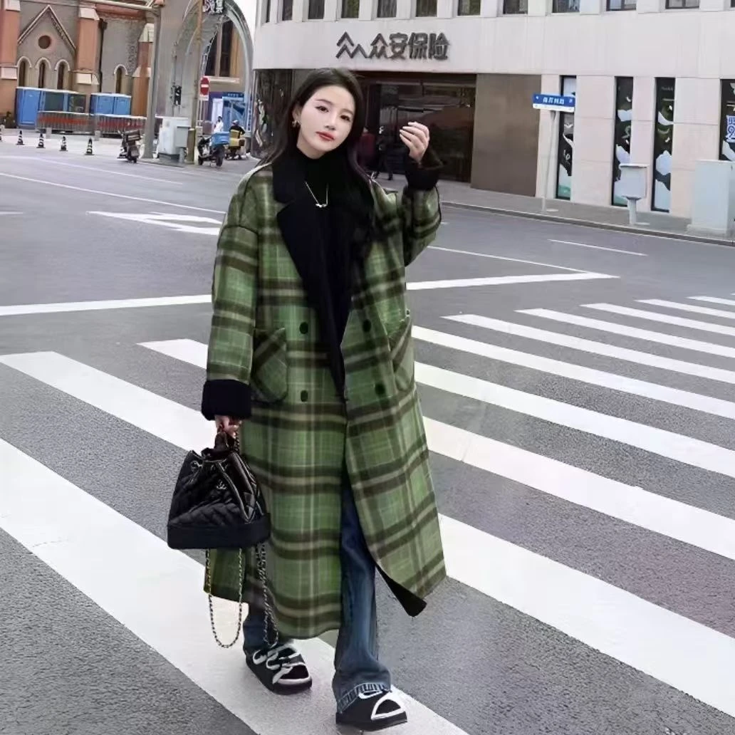 毛呢两面2024大衣长款秋冬季新款格子外套加厚冬季韩版时尚