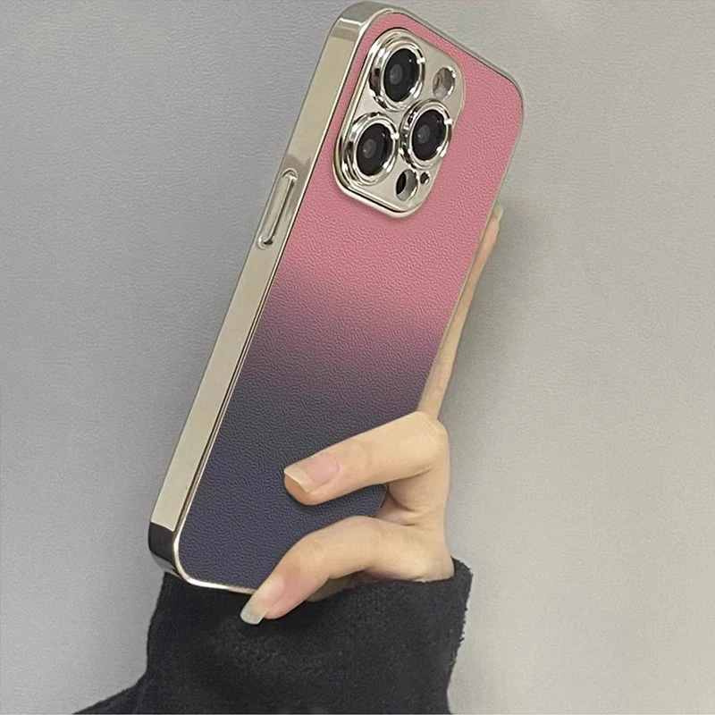 适用苹果16promax手机壳皮纹粉黑渐变iPhone15pro新款简约防摔ins