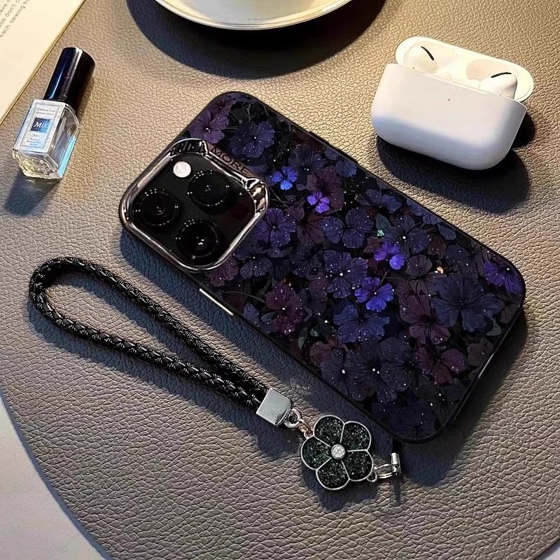 黑夜紫罗兰适用苹果16promax手机壳女款彩绘iphone15电镀圈彩银17