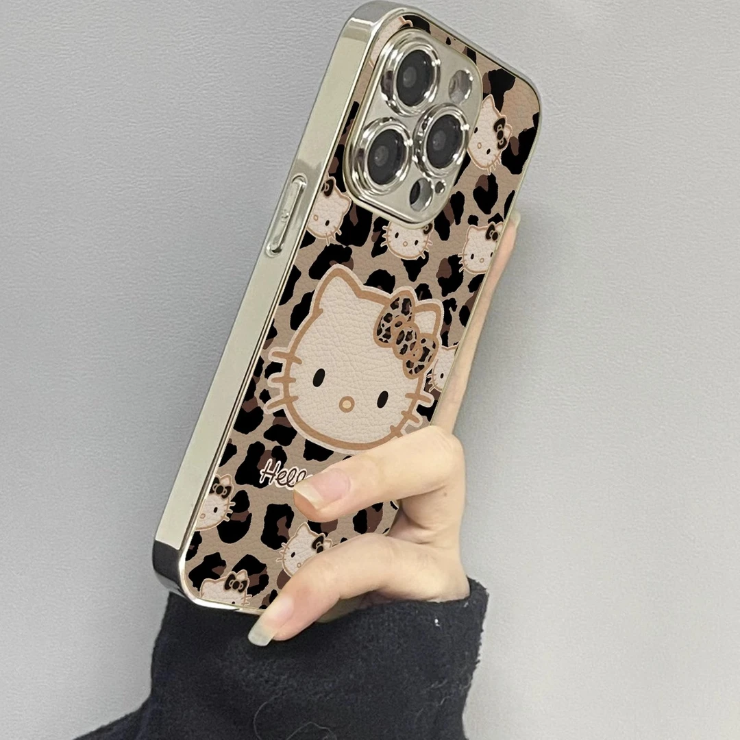 豹纹kt猫适用苹果16promax手机壳iPhone15pro新款14防摔13皮质17