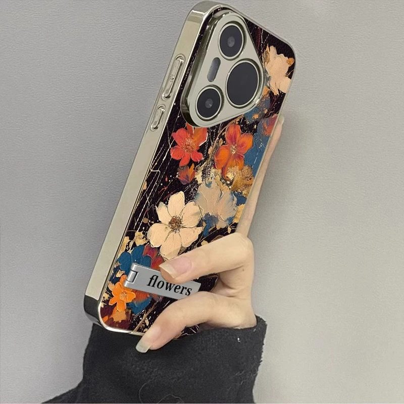 适用华为Pura70Pro手机壳艺术油画花朵P60电镀银小羊皮P50高级P40