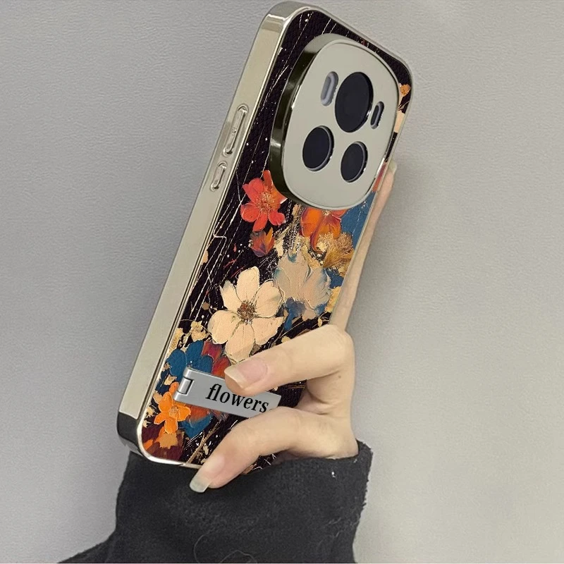 适用华为荣耀magic7手机壳艺术油画花朵Magic6电镀银小羊皮Magic5