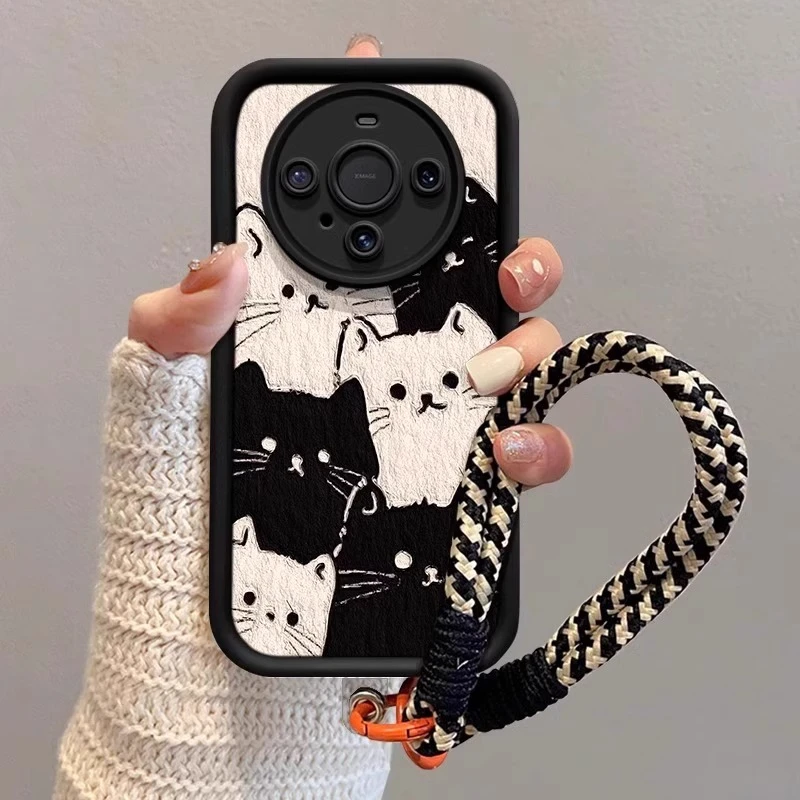 爱心猫咪适用华为mate60pro手机壳带手链pura70pro保护套可爱挂绳