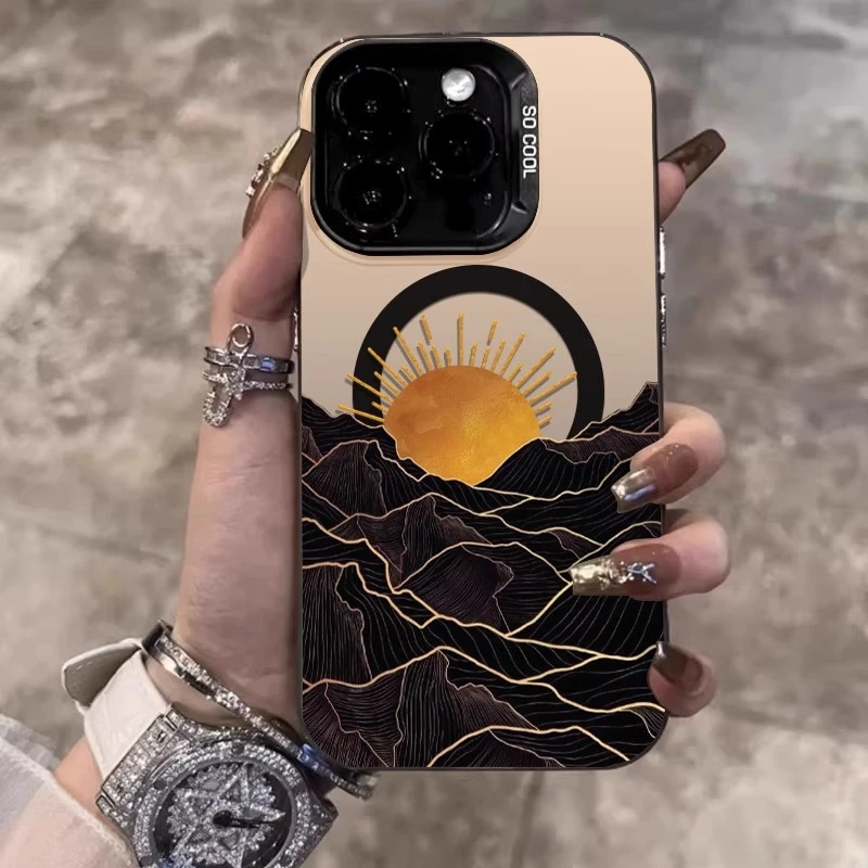 山脉落日磁吸壳适用苹果16PROMAX手机壳新款iPhone15Plus国风14pm
