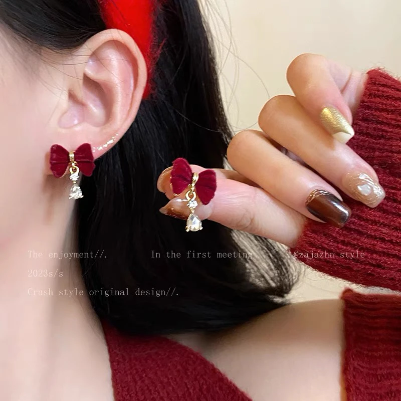 合金耳饰 1142赫本红色蝴蝶结丝绒独特耳环气质高级感耳饰耳钉