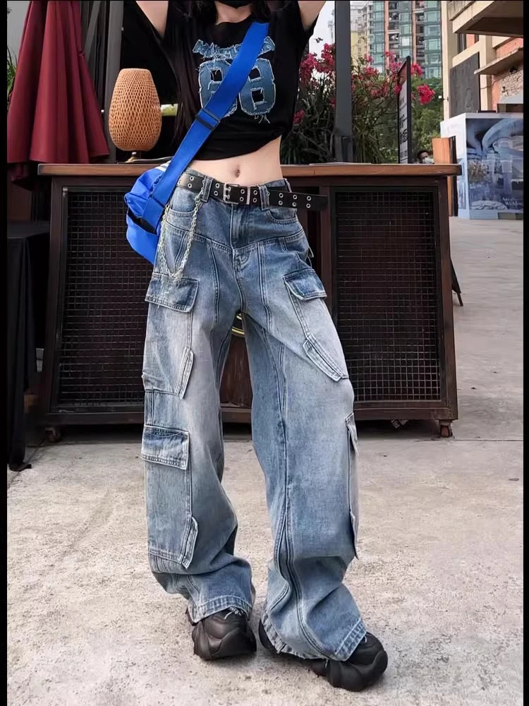 美式新款复古风重工口袋工装裤牛小众个性裤女宽松阔腿拖地裤百搭