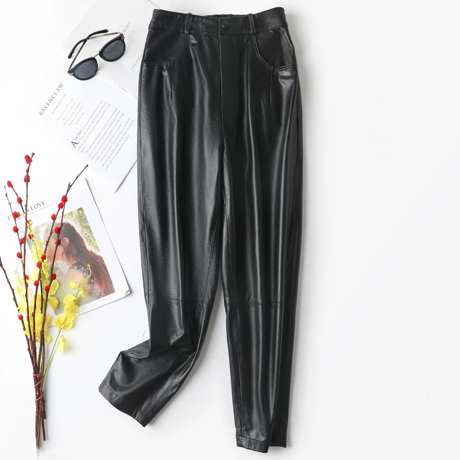 【火苗】2207 真皮头层牛皮皮裤长裤休闲裤女宽松小脚裤黑色百搭