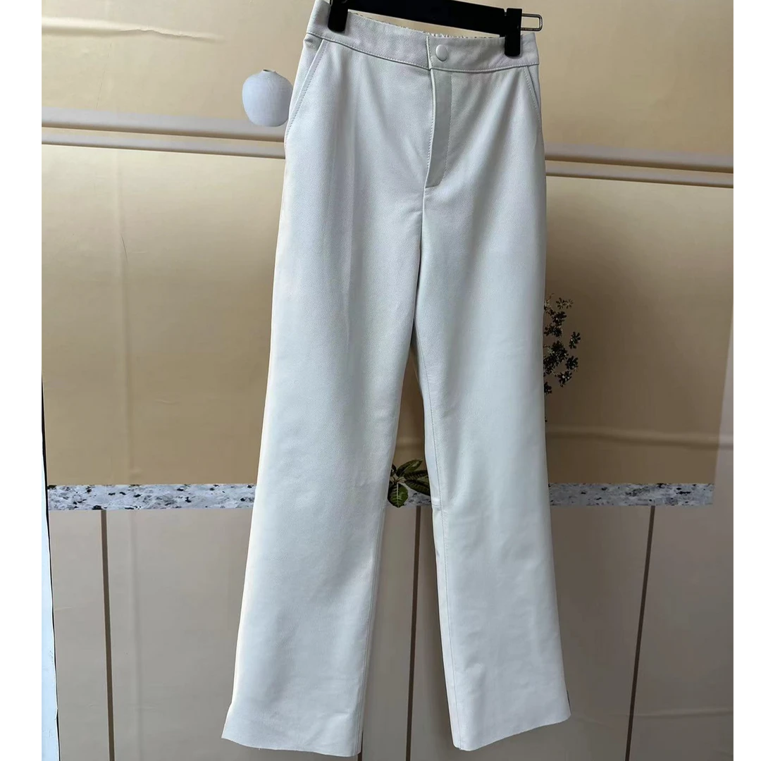 【火苗】 海宁真皮烟管直筒裤修身女士黑色百搭长裤2212秋冬