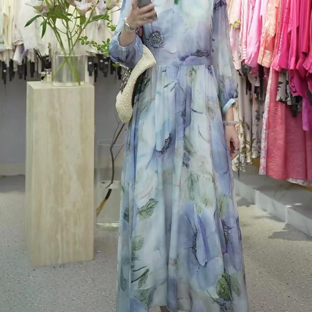 【花滿林】‘蓝色大海的传说’新款圆领桑蚕丝大摆气质连衣裙6607