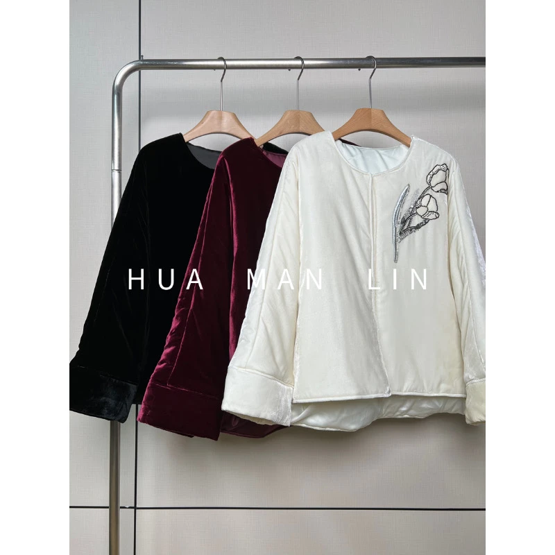 【花满林】‘一枝花’三色圆领亮片刺绣桑蚕丝丝绒加厚外套79385