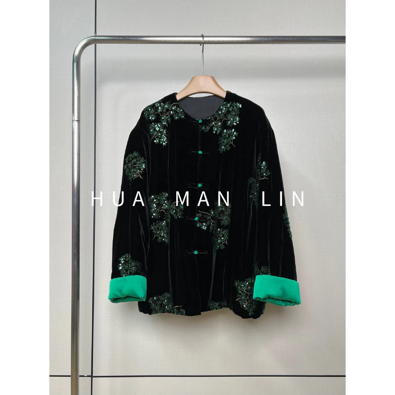 【花满林】圆领刺绣亮片桑蚕丝丝绒加厚外套246898