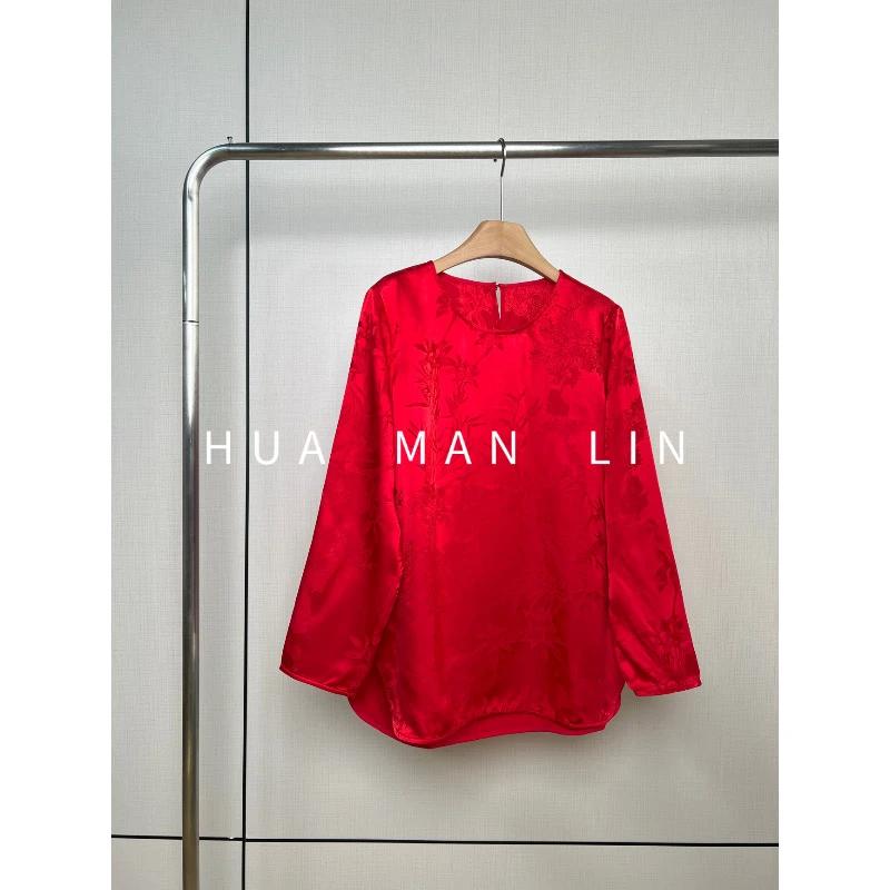 【花满林】圆领后一粒扣35MM提花缎桑蚕丝上衣245459
