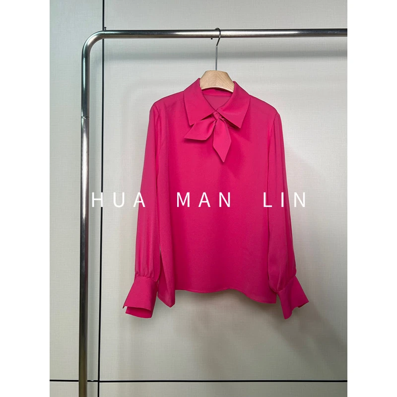 【花滿林】翻领飘带建宏绉真丝桑蚕丝桃粉色上衣245593