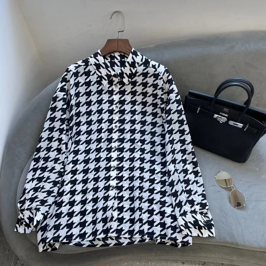 【花滿林】新款翻领黑白印花千鸟格双绉桑蚕丝阔版气质上衣5568