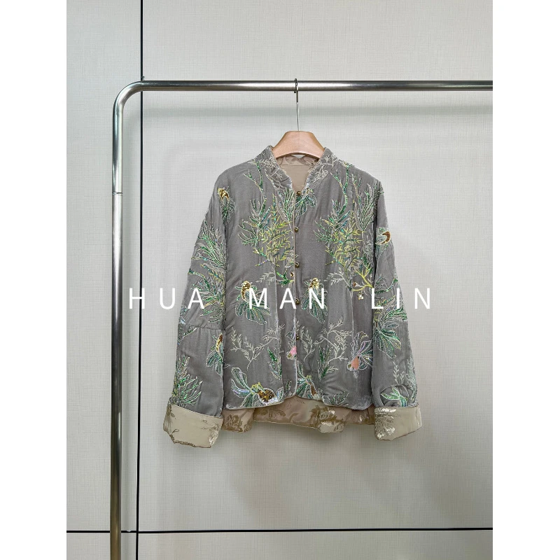 ‘金鱼梦境’小立领灰色亮片钉珠真丝桑蚕丝丝绒加厚外套246940