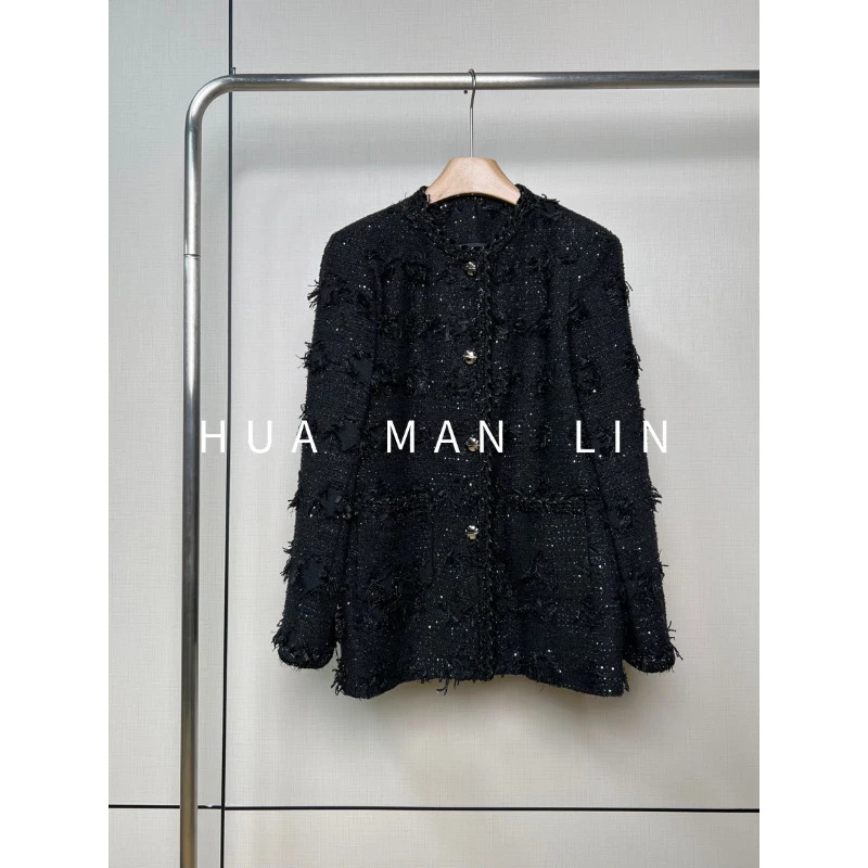 【花滿林】编织圆领毛边排扣黑色小香外套61063