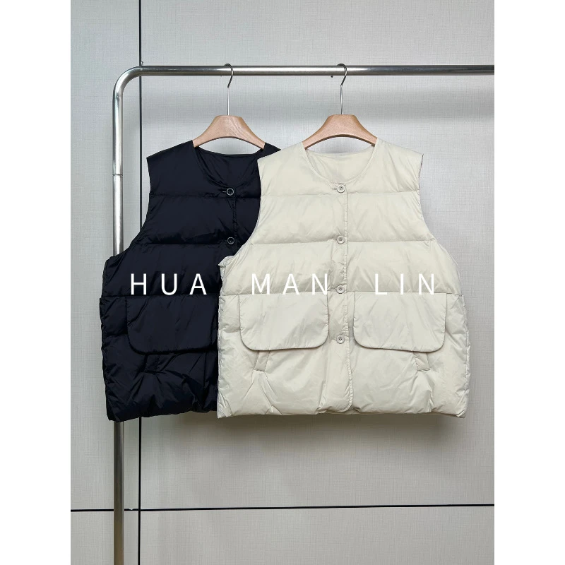 【花满林】两色圆领大贴袋盖填充物白鸭绒羽绒马夹68813