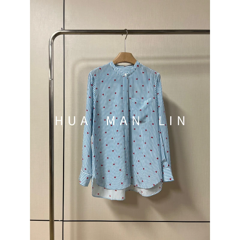 【花满林】小立领爱心条纹单边口袋双绉真丝桑蚕丝上衣246812