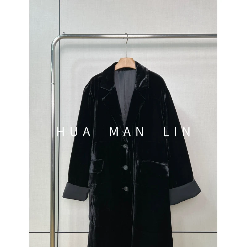 【花滿林】翻领排扣真丝桑蚕丝丝绒加厚中长款外套70709