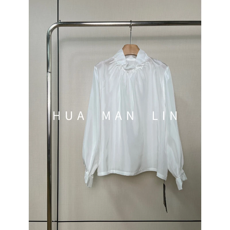 【花滿林】花苞领电力纺真丝桑蚕丝白色上衣3115