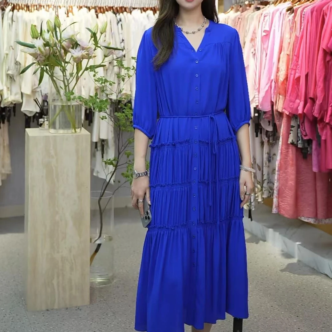 花滿林【花滿林】V领打揽定染色30MM100%~鬼绉真丝桑蚕丝连衣裙8655