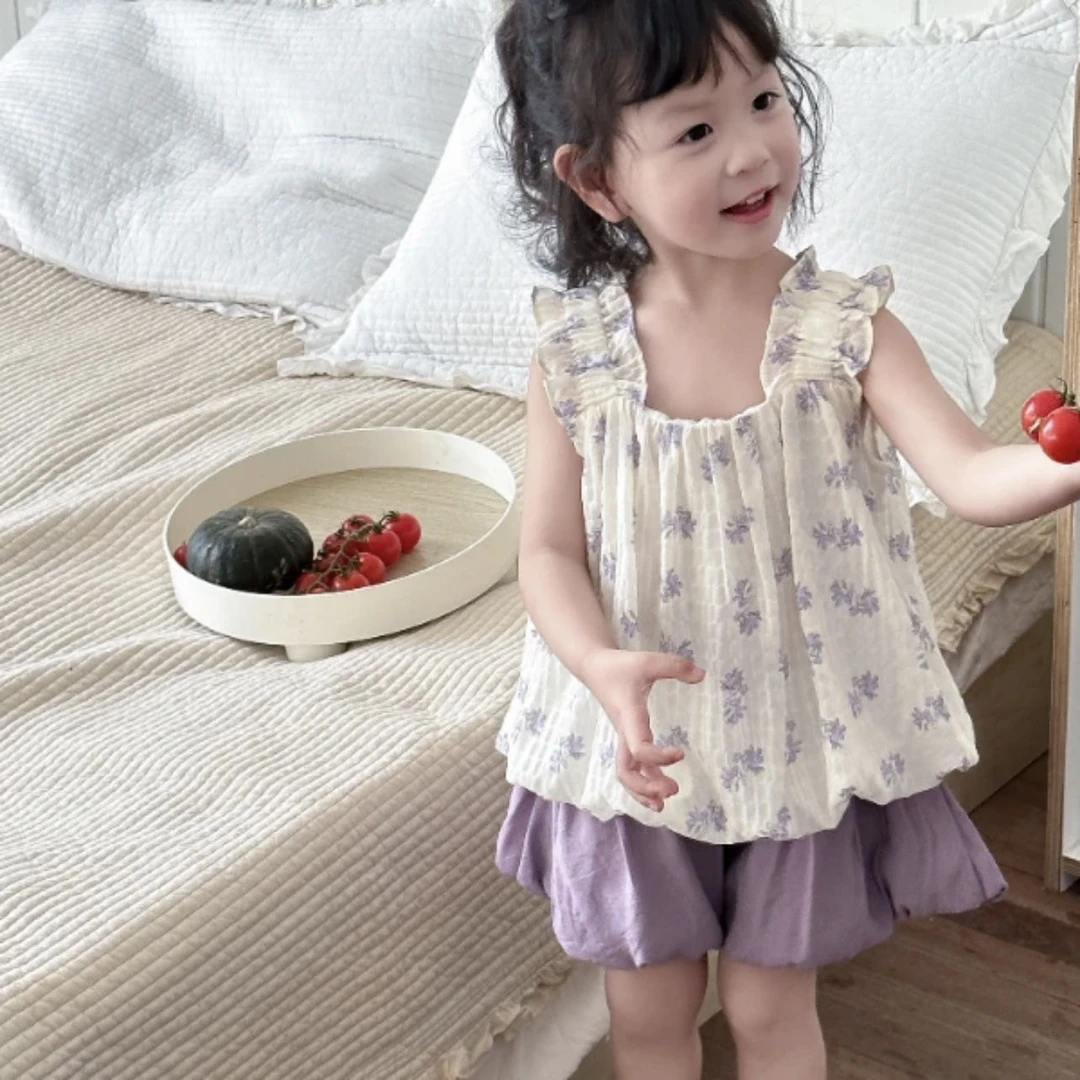 夏季新款儿童女童女宝宝韩版甜美洋气套装2024碎花夏小童无袖夏装