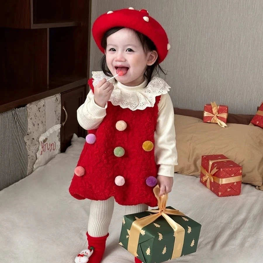 女宝宝可爱毛呢连衣裙2024冬装女童加绒加厚花苞圣诞元背心裙子