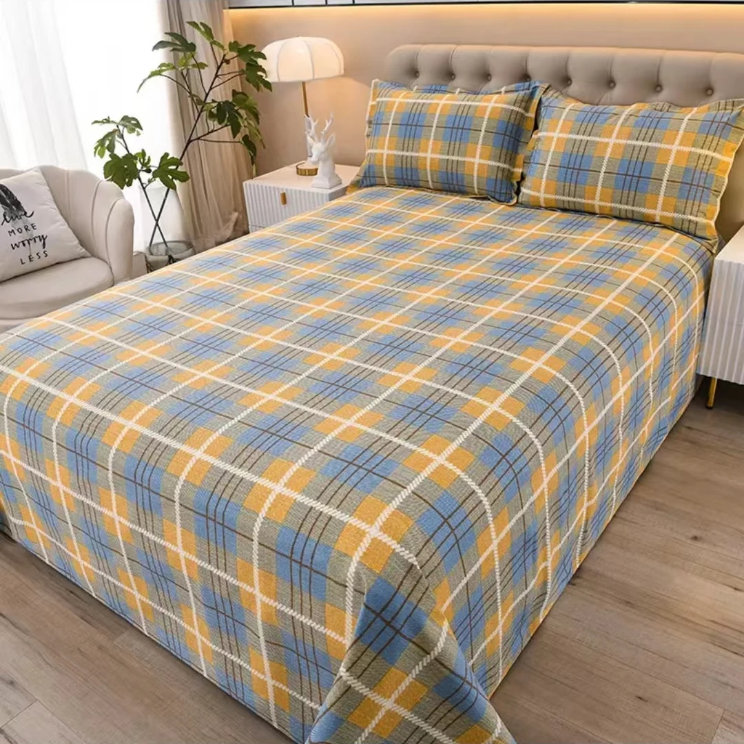 【清雅黄格】原棉粗布床品三件套小清新床单床罩枕头套新款四季通用