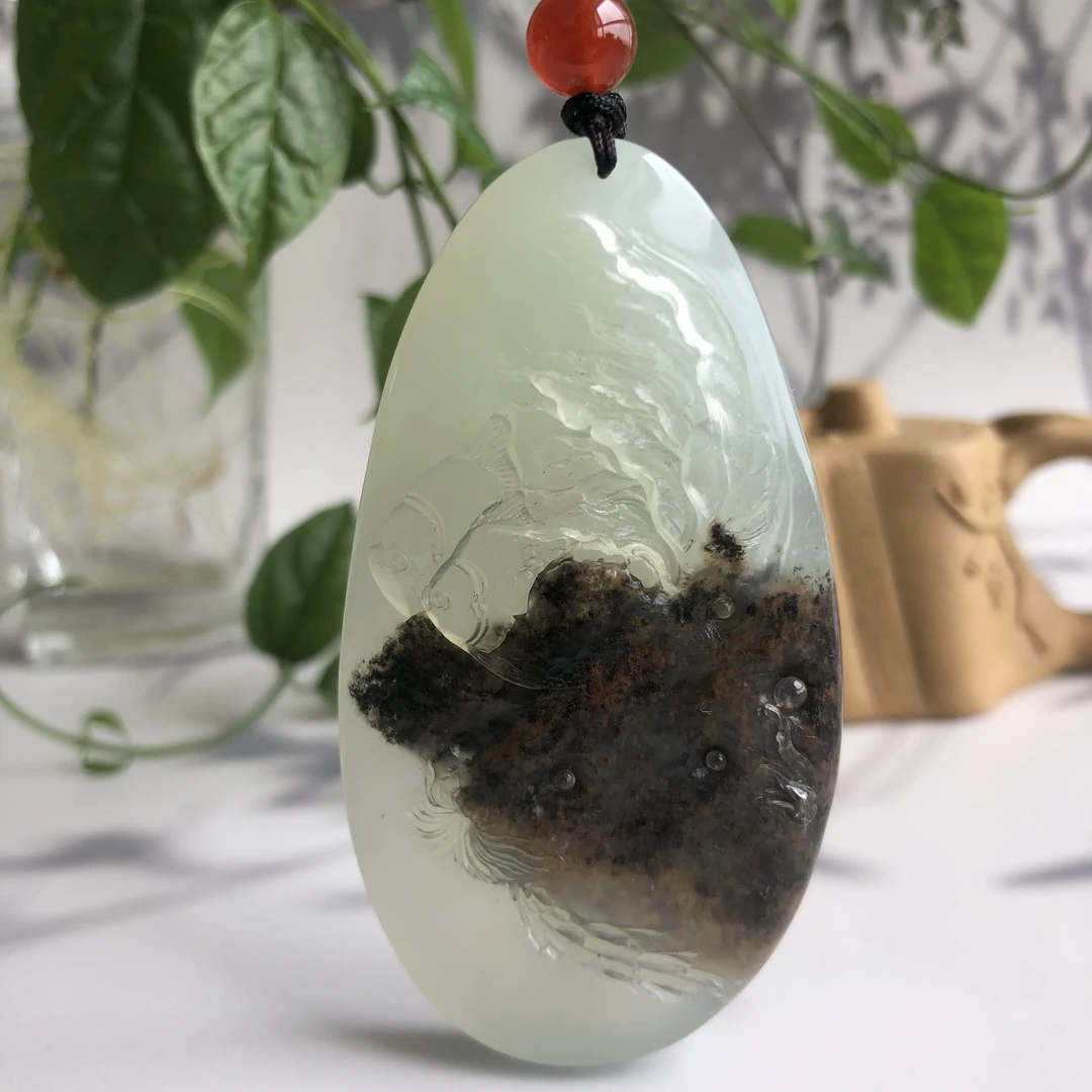 天然水草 小鱼挂件吊坠花玉岫玉连年有余尺寸：79＊43＊13毫米