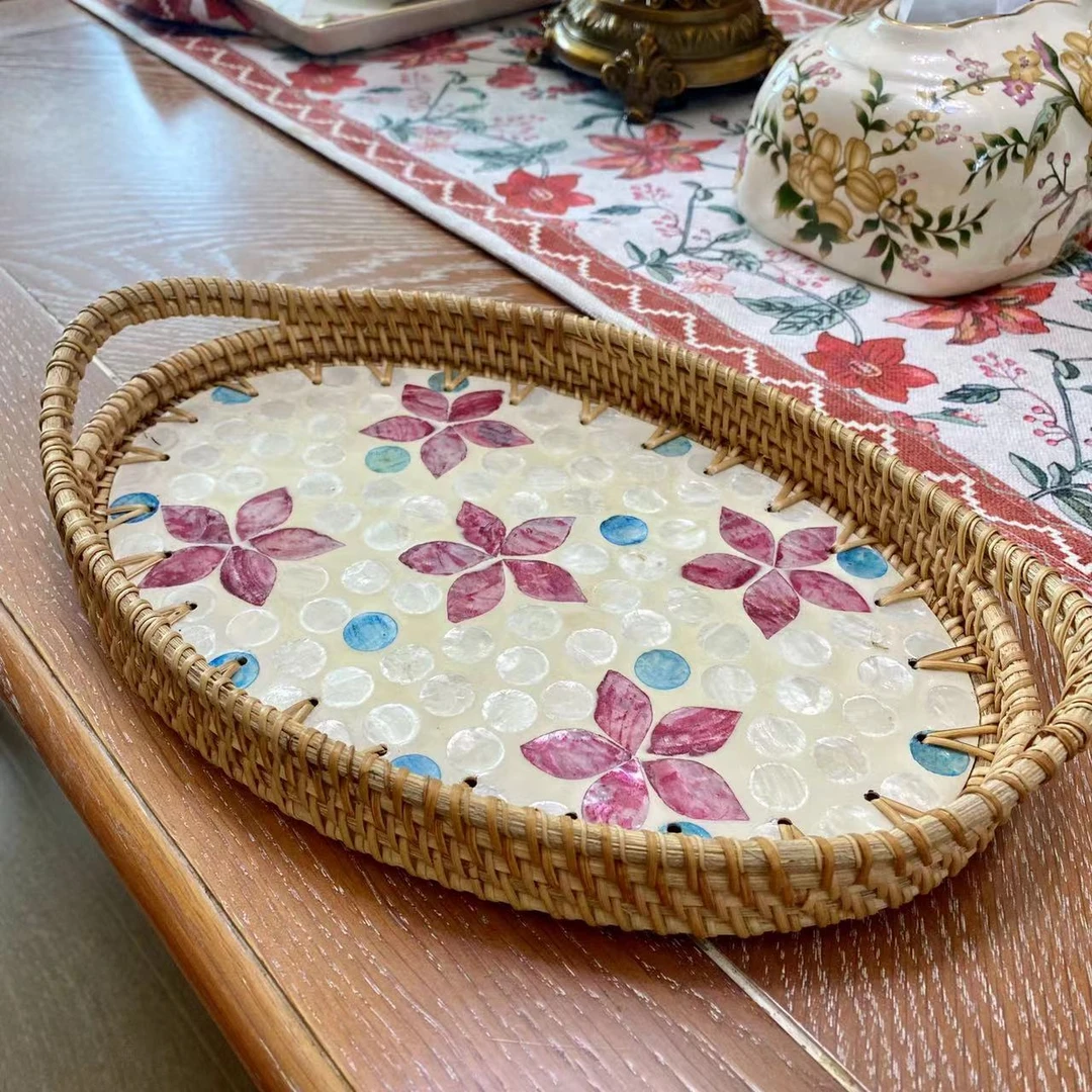 越南藤编贝壳托盘编制零食收纳复古田园馒头框水果篮手工编织隔热