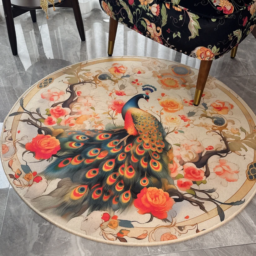 金钻荣地毯新中式复古孔雀美式毛绒床边毯圆地毯图新中式地毯