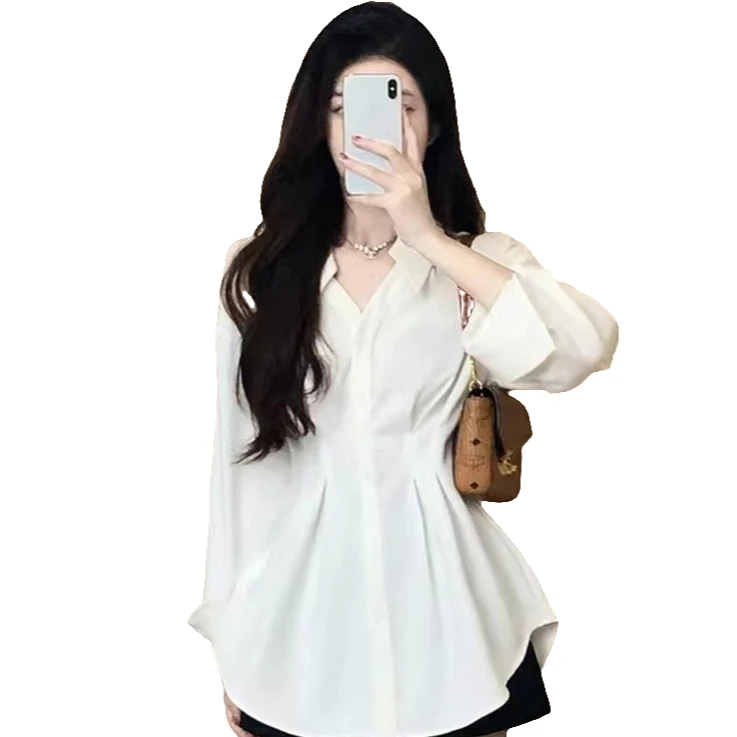 2024落肩袖时尚衬衫外穿女春夏气质叠穿休闲衬衣上衣胖妹妹不规则