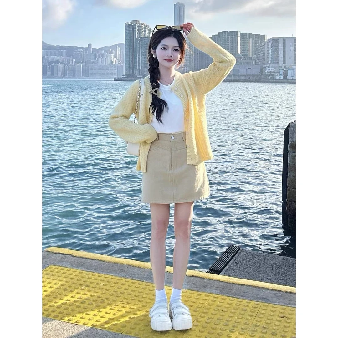 小个子茶系穿搭一整套女春季气质减龄洋气高级感开衫裙子两件套装