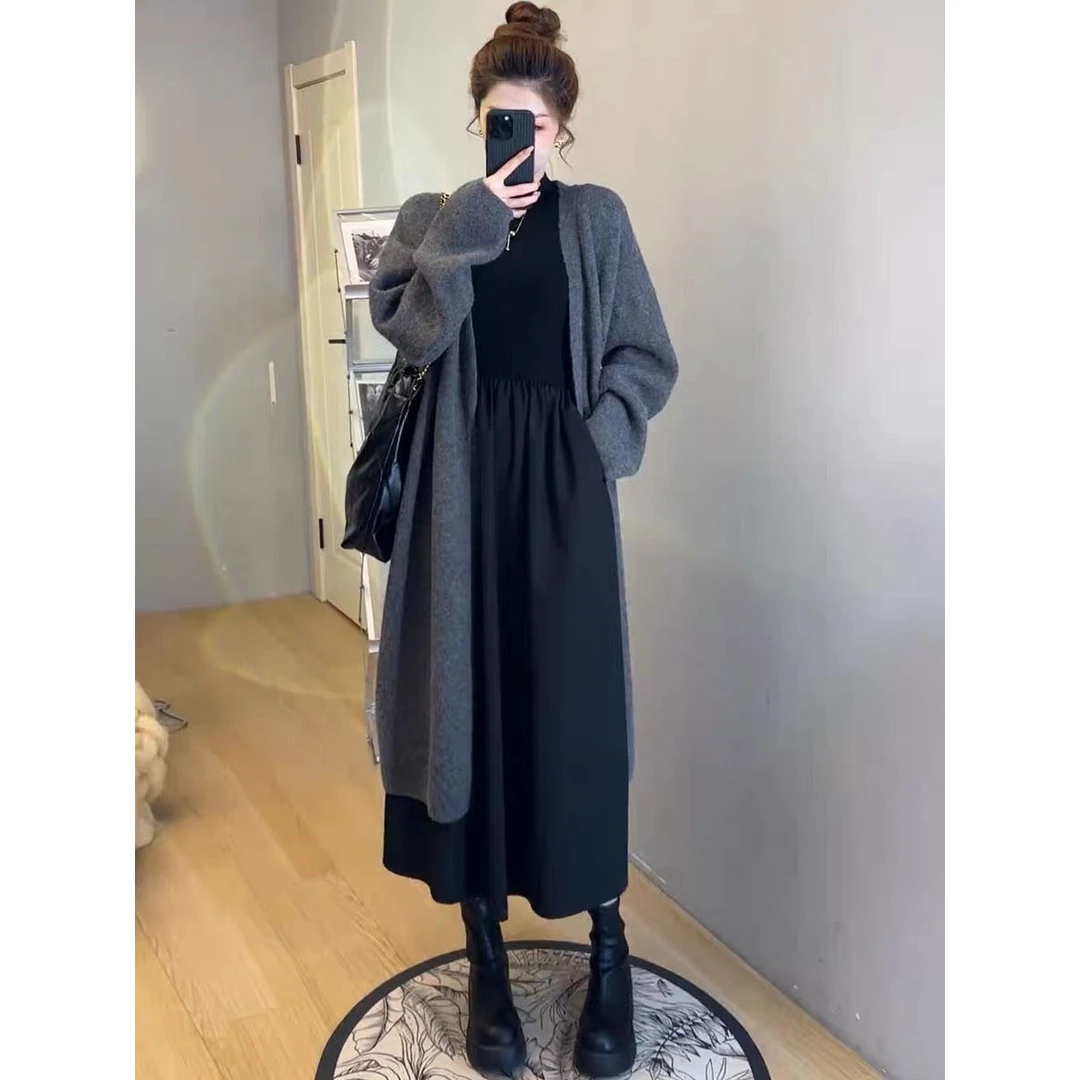 慵懒风软糯开衫长款毛衣外套女秋冬两件套装设计感显瘦针织连衣裙