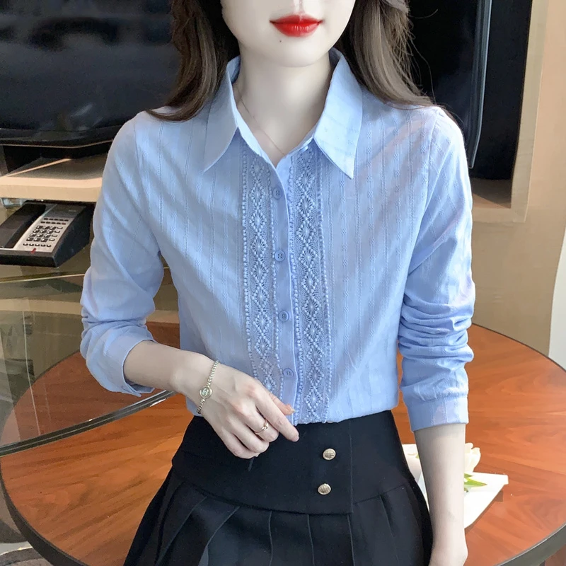 秋装2023年新款女装时尚减龄衬衫女洋气衬衣蕾丝拼接上衣