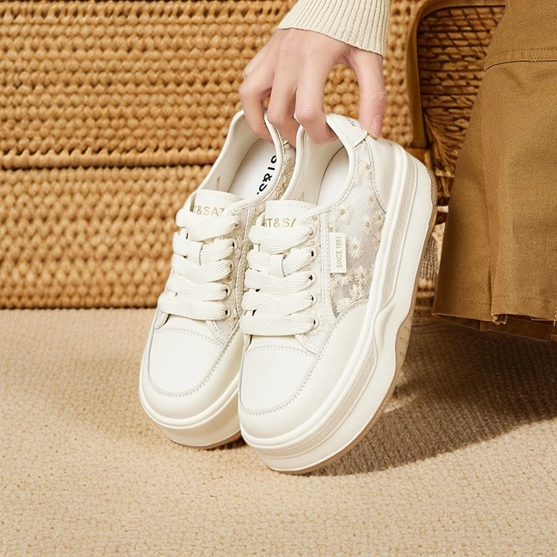 KOUDU/蔻度【小雏菊】透气板鞋女士上班通勤鞋蕾丝网面增高板鞋2806