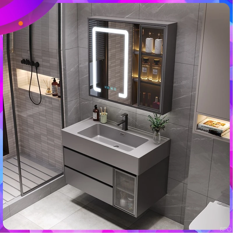 微晶石一体盆轻奢卫生间简约智能镜柜洗脸盆现代浴室柜大容量组合