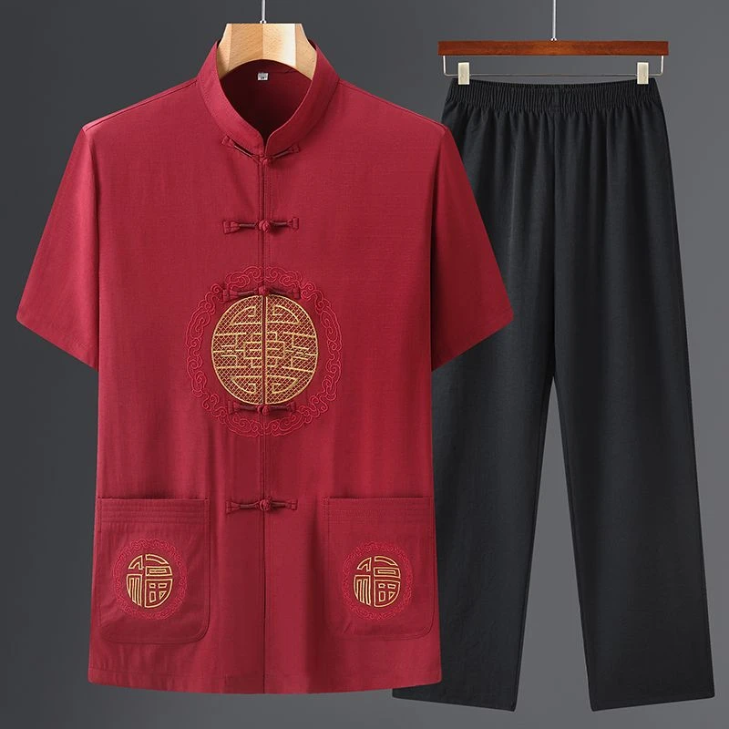 唐装男款夏季中式中老年人男士爷爷高端中国风太极服棉麻短袖套装