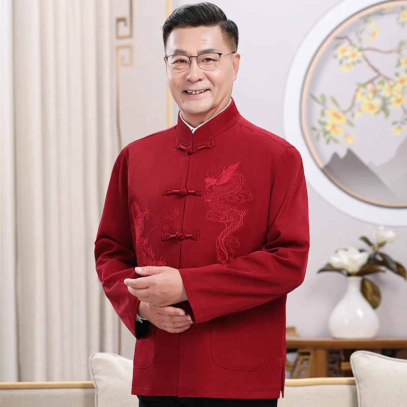 中老年爸爸唐装外套本命年衣服男龙年冬季加绒加厚爷爷红色中国风