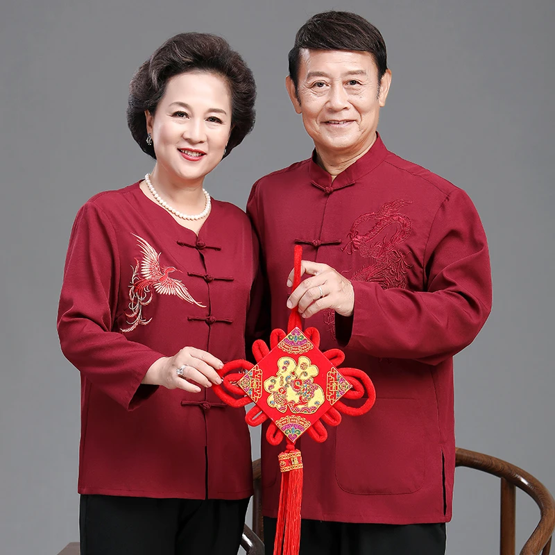 老年唐装男爷爷奶奶情侣装春夏红色大码生日过寿结婚礼服父母中式