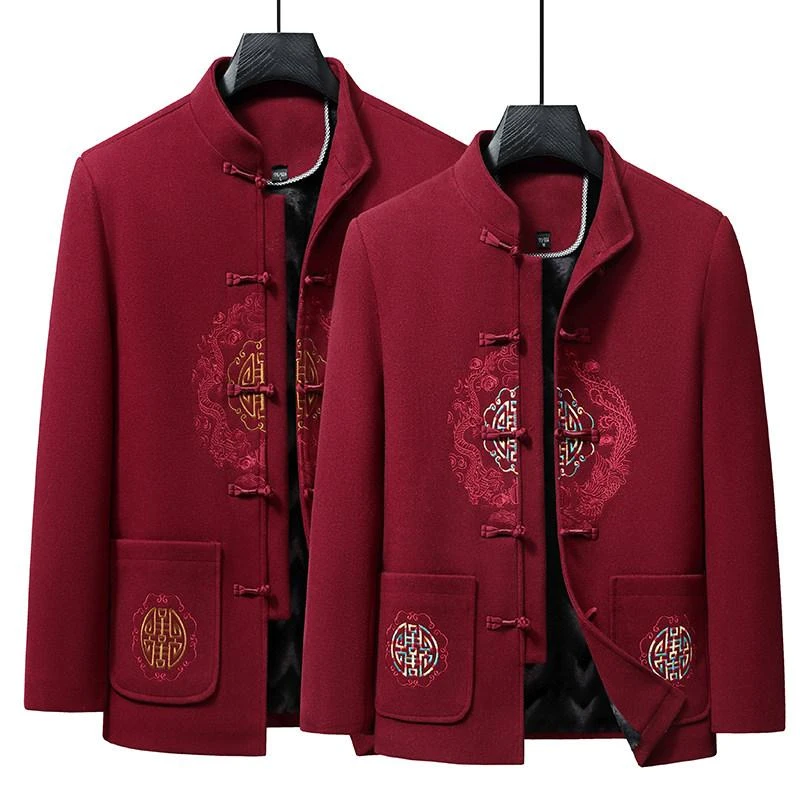 冬季毛呢新款唐装男中老年人加绒加厚刺绣棉衣外套男套装婚宴生日