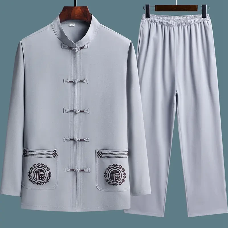 唐装男中老年爸爸装春夏长袖套装中国风爷爷夏季两件套老年人衣服