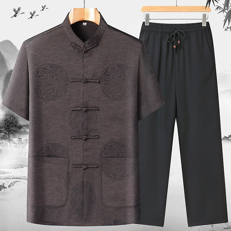 中老年唐装爷爷夏季短袖衬衫男士套装中国风衣服冰丝爸爸夏装半袖