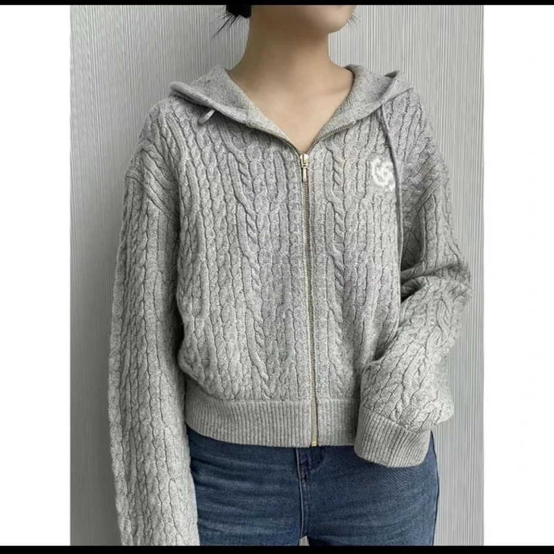 阿玛施AMASS·新款带帽拉链针织绒衫5499236秋冬慵懒百搭休闲