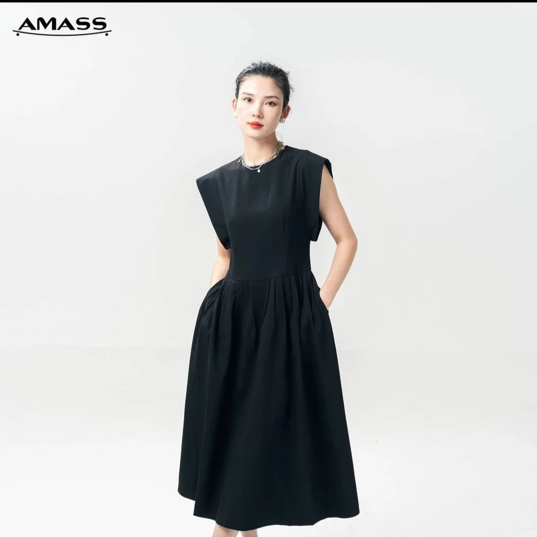 阿玛施 法式无袖纯色显瘦连衣裙 5500423-4225811-001