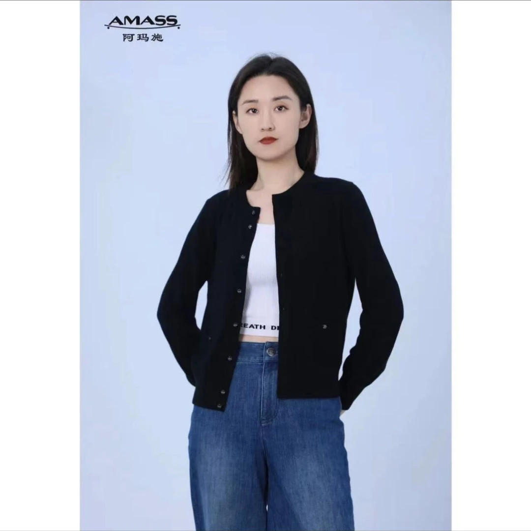 阿玛施黑色精致小香风羊绒针织衫ins简约气质短款秋冬长袖5499226