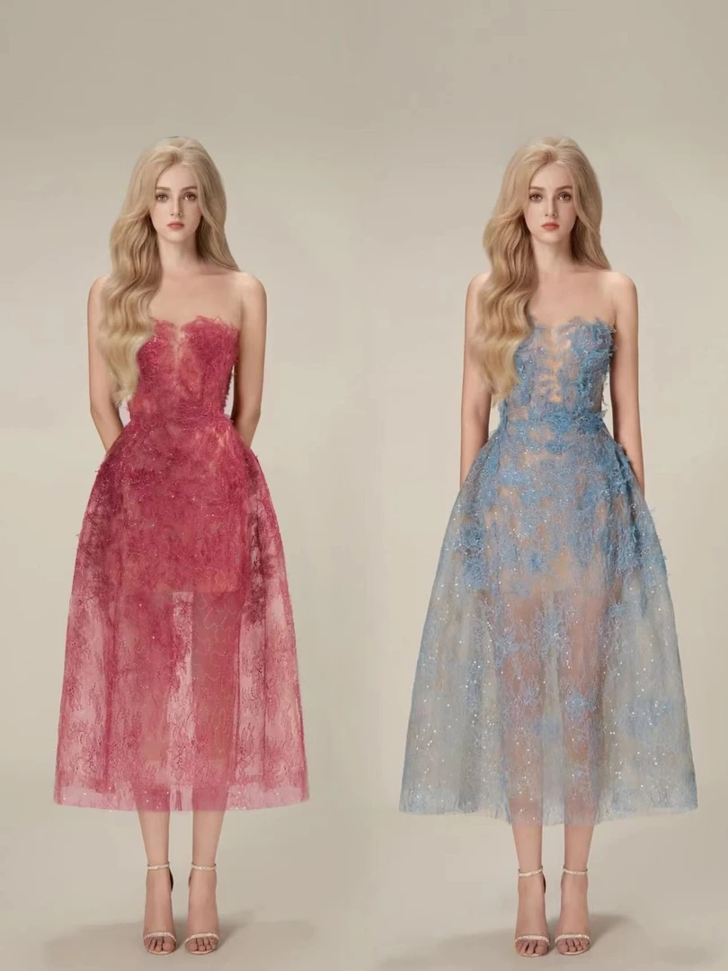 睫毛蕾丝吊带礼服长裙优雅修身抹胸性感连衣裙蓝色礼服A108