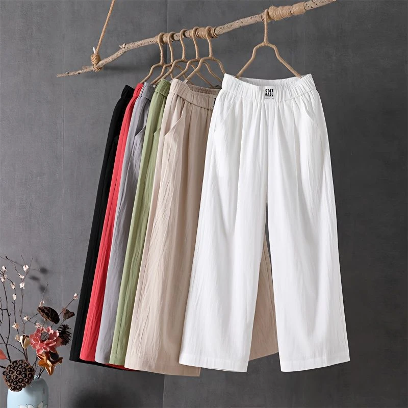 夏季薄款裤子棉麻休闲宽松显瘦女款女士直筒高腰白色女装阔腿裤女