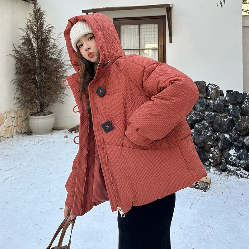 2024冬季新款格子连帽棉服女短款时尚百搭棉袄冬季女士休闲外套